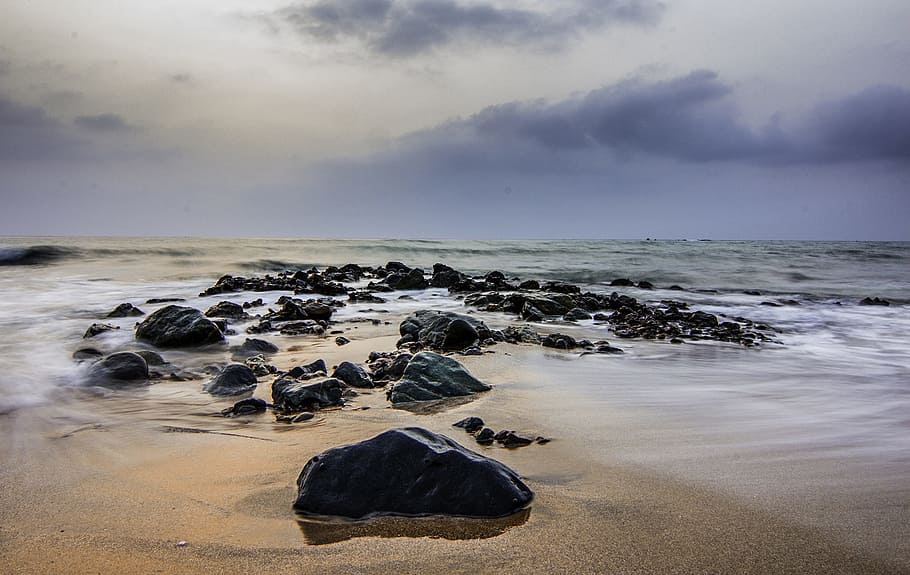 beach, seascape, uae, rocks, water, wave, long exposure, cloud - sky HD wallpaper
