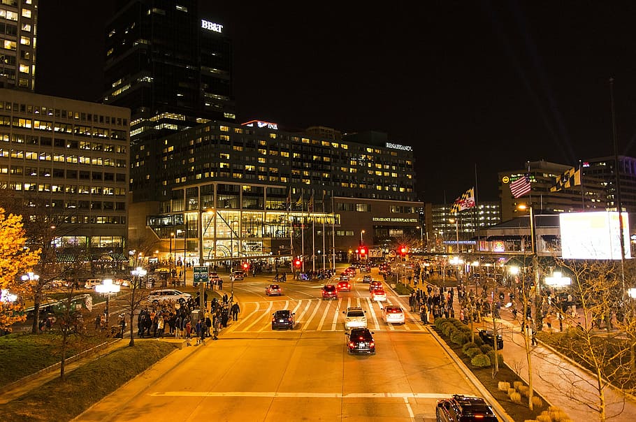 aerial photography of street, baltimore, night, traffic, downtown HD wallpaper
