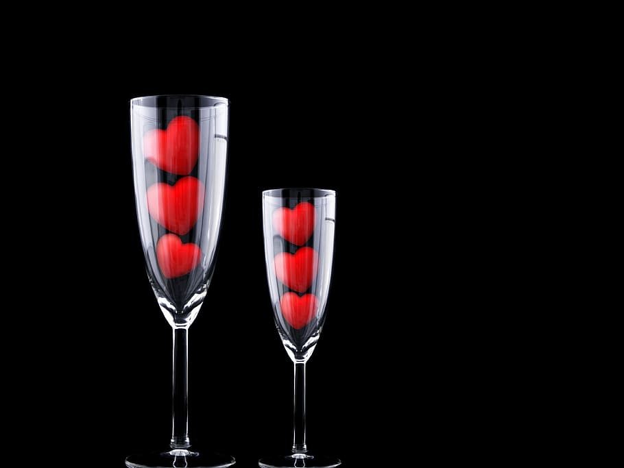 two clear champagne glasses, cup, hearts, black background HD wallpaper