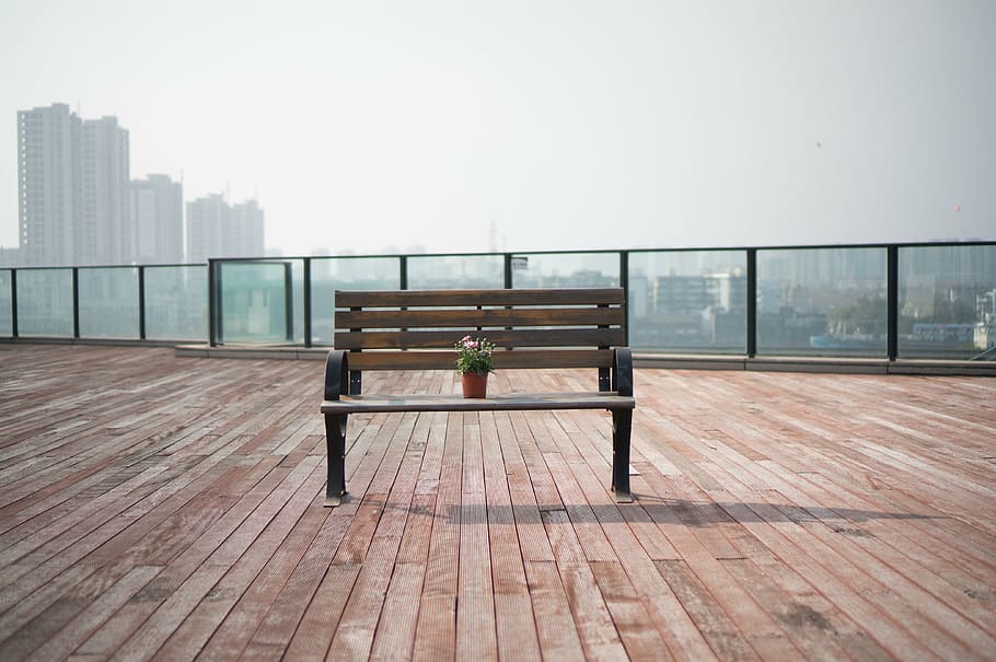 brown wooden bench, urban, background, flower, roof, wood - Material HD wallpaper