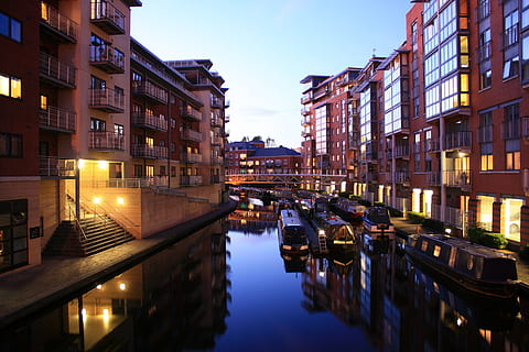 brown buildings near body of water, birmingham, river, uk, building exterior HD wallpaper