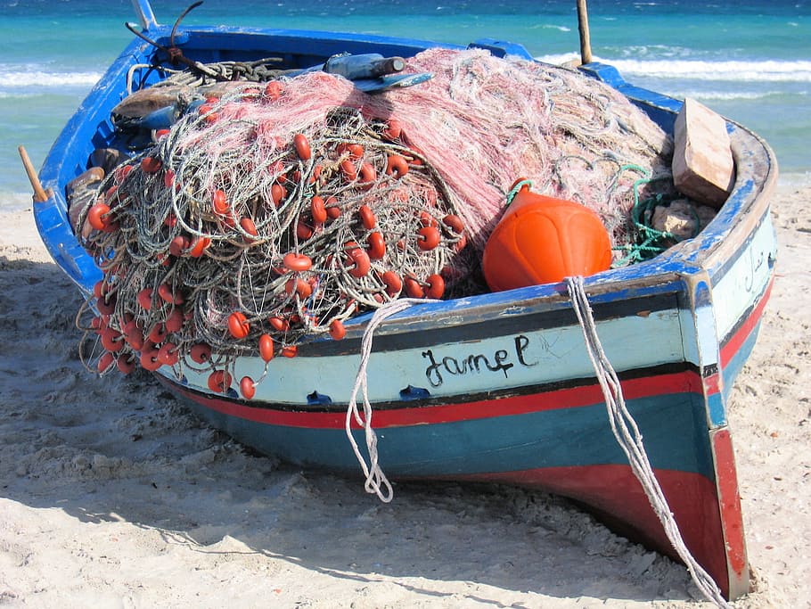 boat, sea, blue, beach, net, fisherman, transportation, mode of transportation HD wallpaper