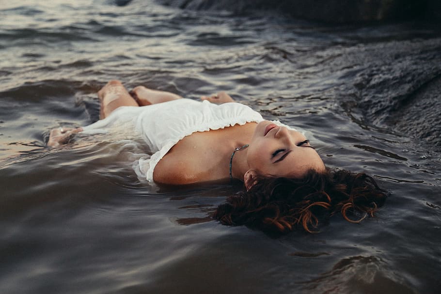 woman with closed eyes floating on water, beach, model, ocean HD wallpaper