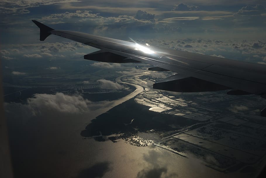river, sunset, beautiful, wing, airplane, sky, flying, aerial shot HD wallpaper