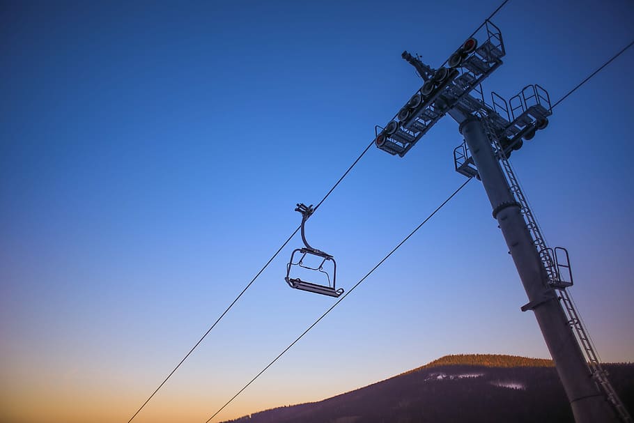 Sunset Ski Lift, cold, mountains, panorama, skiing, sky, snow HD wallpaper