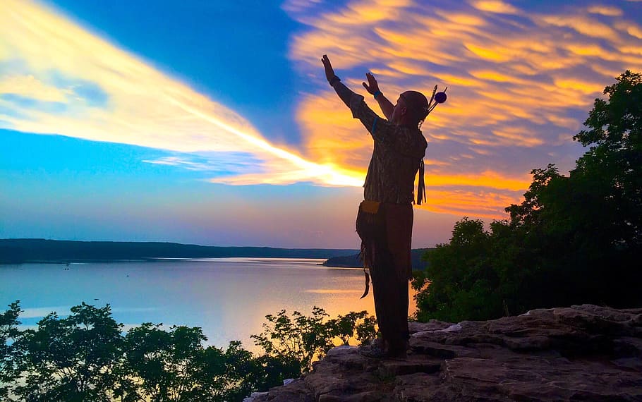 person standing on rock, camping, prayer, view, water, sky HD wallpaper