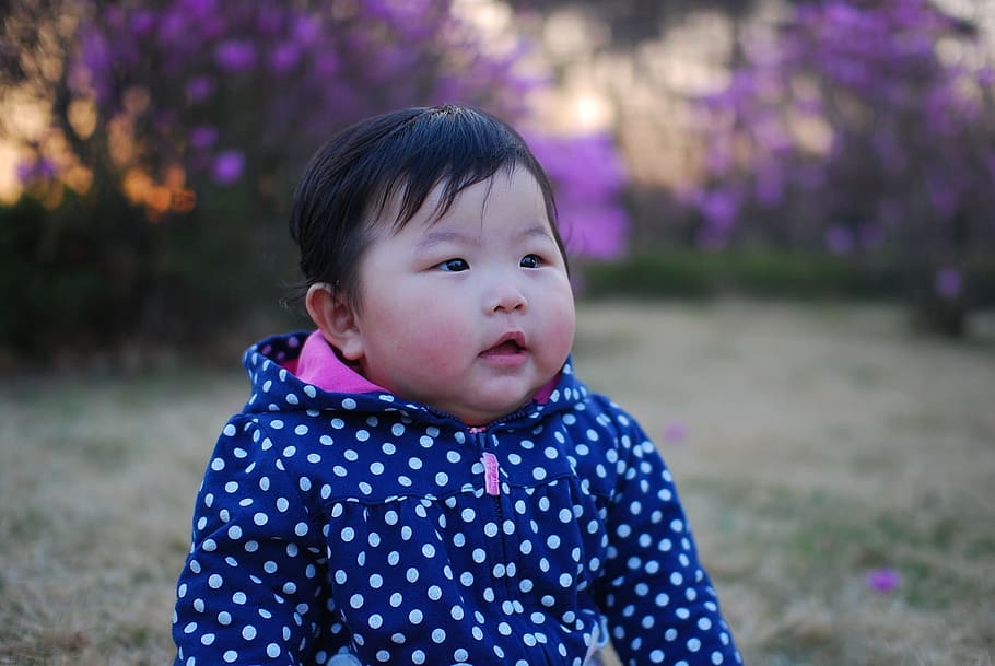 baby wearing polka dot hoodie, Child, Portrait, Korean, Girl