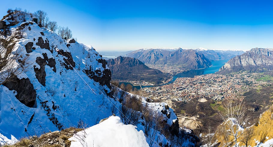 mountain, valley, blue, sky, cloud, landscape, nature, snow HD wallpaper