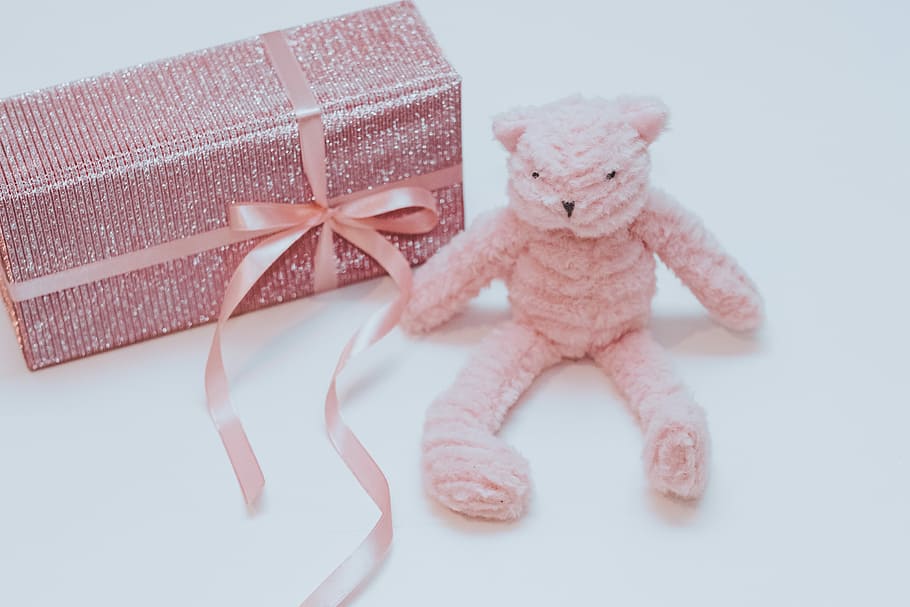 pink teddy bear beside gift box, brown bear plush toy with box HD wallpaper
