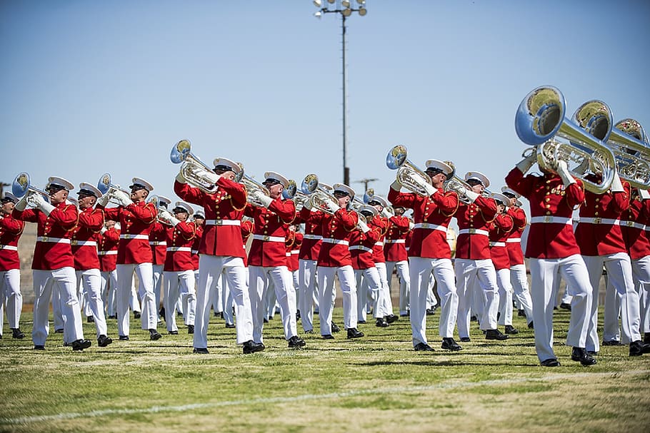 marching band during daytime, drum and bugle corps, marines, performance