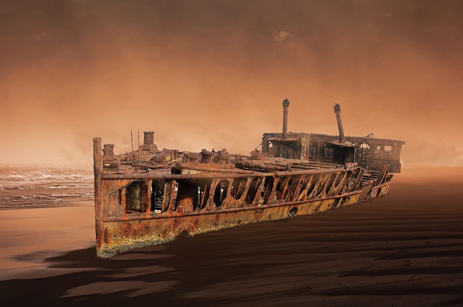 rusty ship on ocean, wreck, old, boot, water, sea, setting, stainless, HD wallpaper