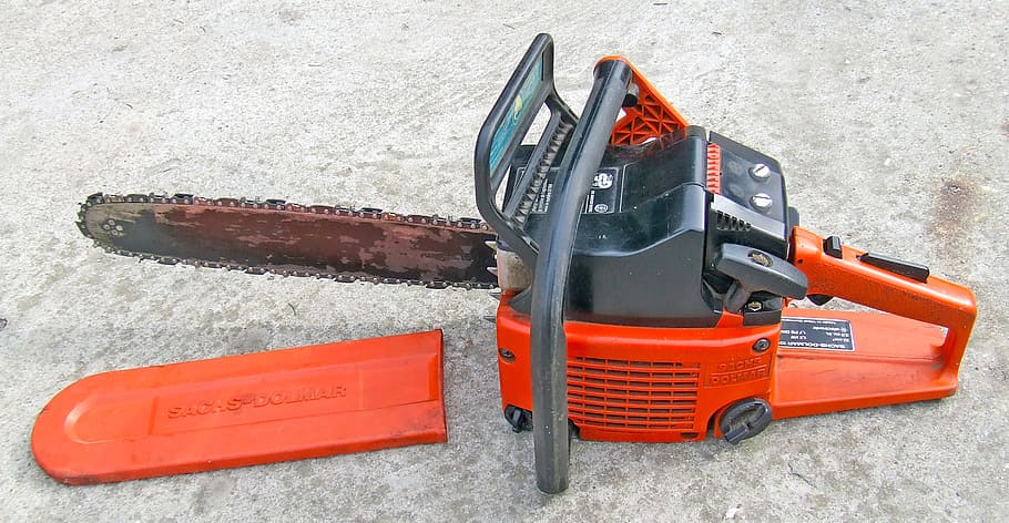 chainsaw, tool, wood-cutting, petrol chain saw, orange color, HD wallpaper
