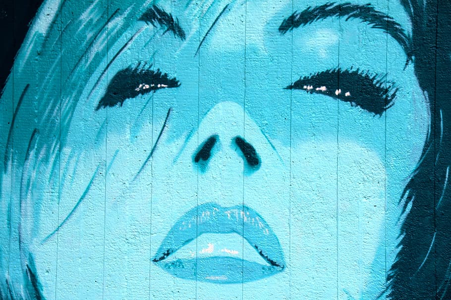 woman painting, art, graffiti, blue, face, eyes, mouth, close-up HD wallpaper