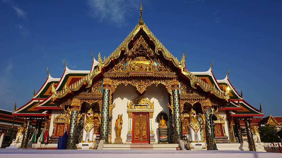 white and brown pagoda under blue sky, wat phra that choeng chum, HD wallpaper