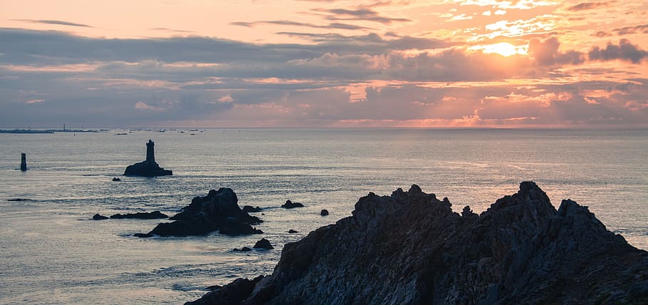 sea, sunset, cloud, sky, water, rock, rock - object, solid HD wallpaper