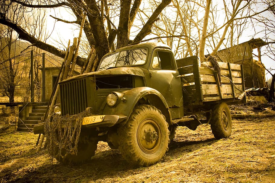 truck, village, old, countryside, tree, off-road, mode of transportation, HD wallpaper