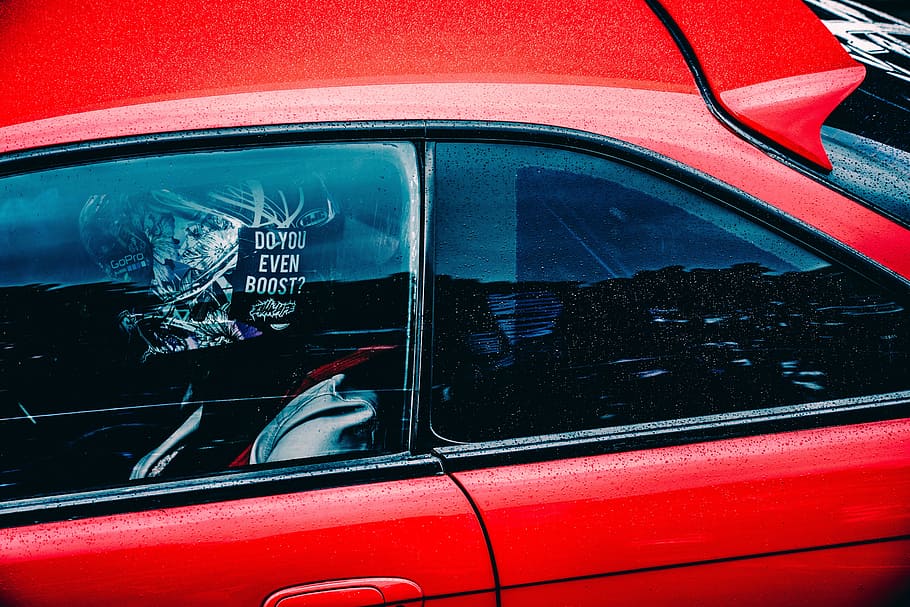 red, car, vehicle, tinted, window, travel, road, trip, rain