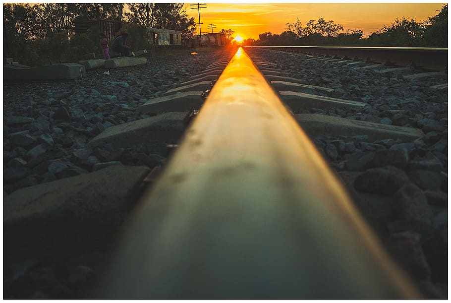 train rail during sunset, landscape, nature, rail transportation HD wallpaper