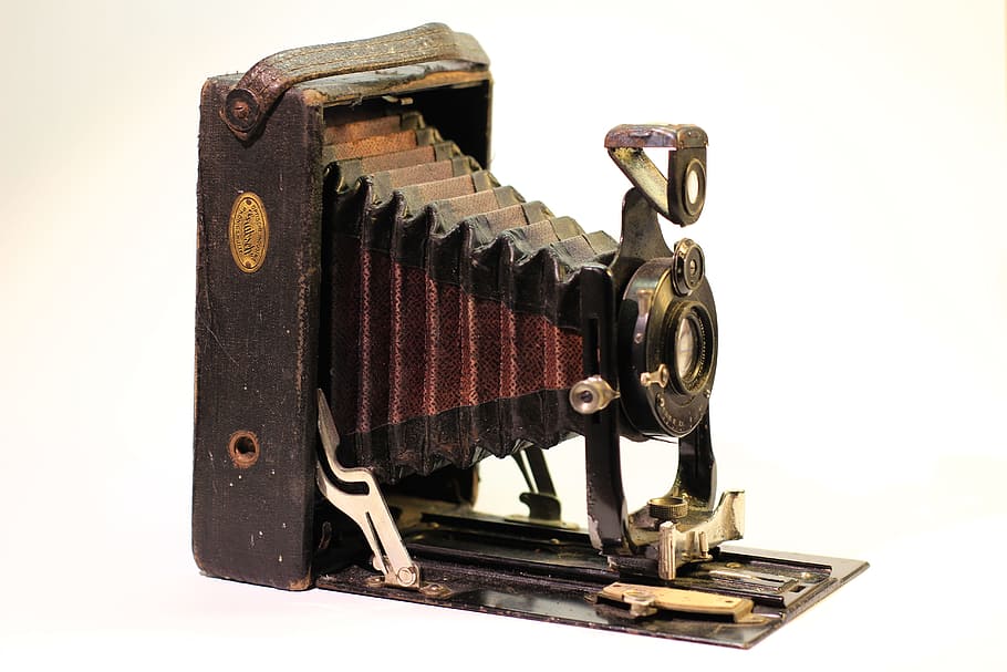 brown and black folding camera, retro, white, background, photography HD wallpaper