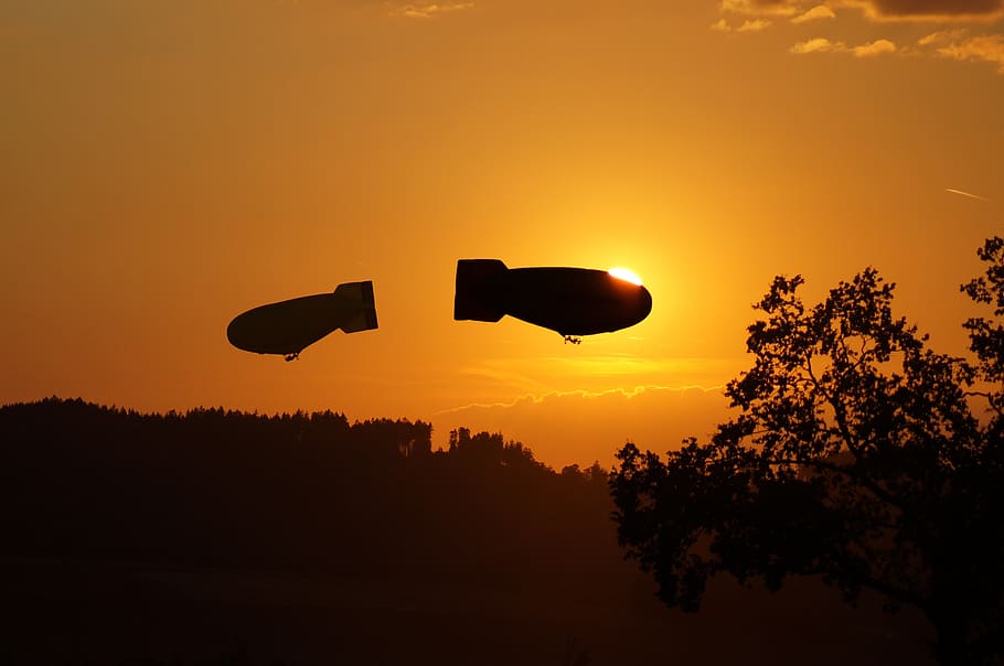 montgolfiade, airship, flying, abendstimmung, sunset, setting sun, HD wallpaper