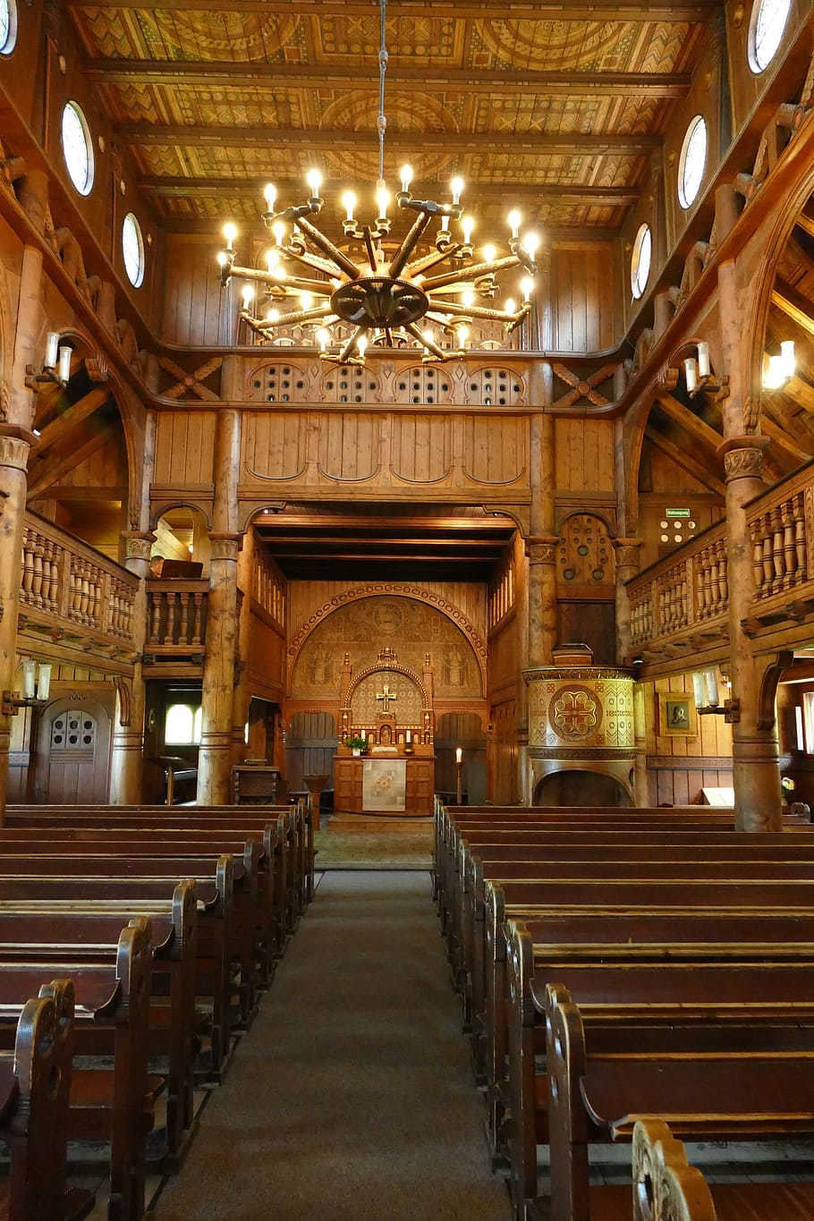 Stave Church, Interior, Chandelier, altar, benches, carved, HD wallpaper