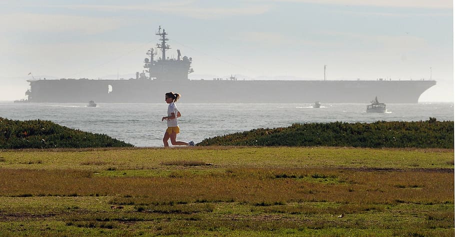 woman running beside blue sea, female jogger, aircraft carrier, HD wallpaper