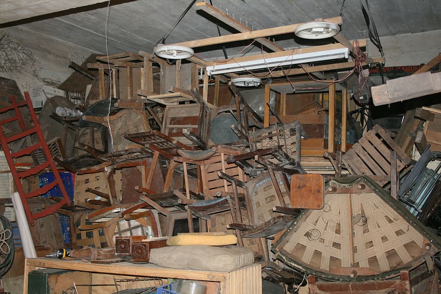 junk, workshop, chairs, basement, old, wood - material, large group of objects HD wallpaper