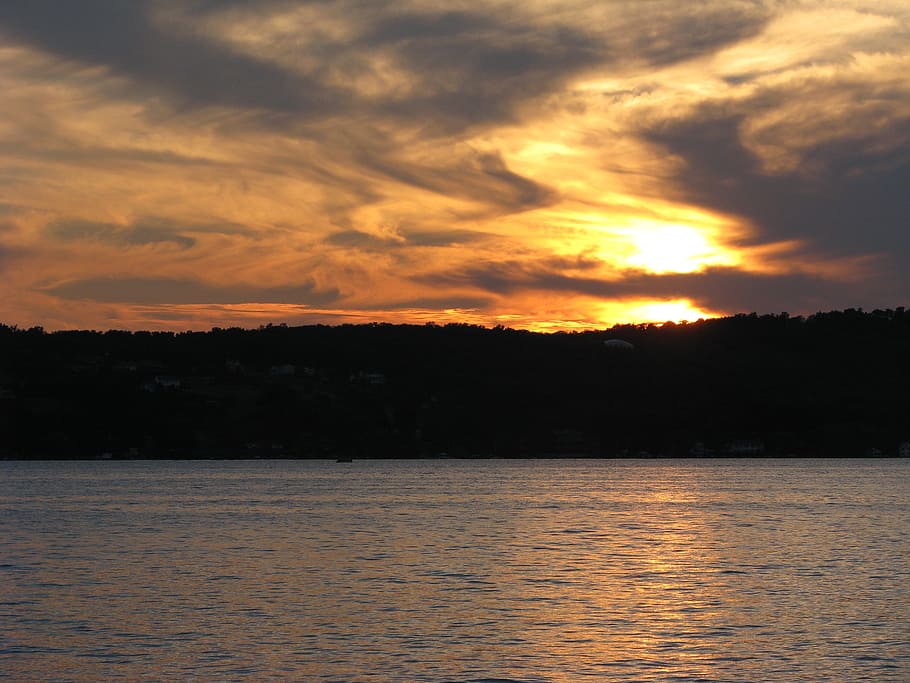 sun, set, glow, lake, water, clouds, sky, dusk, sunset, cloud - sky HD wallpaper
