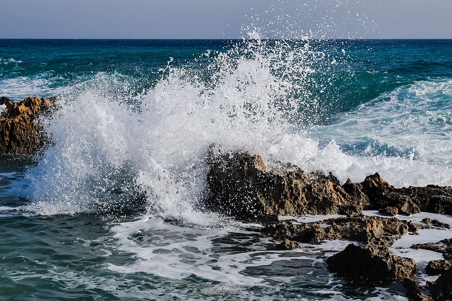 wave, smashing, rock, sea, water, coast, nature, blue, splash, HD wallpaper