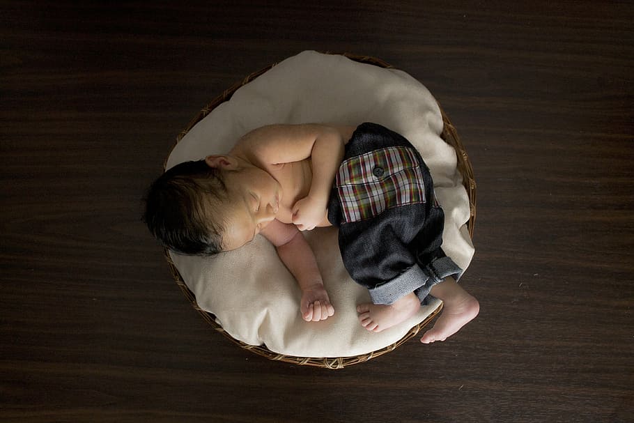 baby sleeping on cushion, basket, directly above, men, indoors HD wallpaper