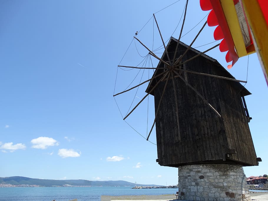 windmill, coastal, nessabar, sky, sea, landscape, travel, architecture HD wallpaper