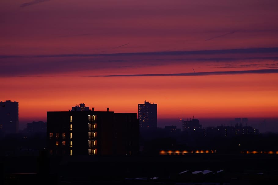 city, dawn, sky, sunset, architecture, backlit, buildings, cityscape HD wallpaper