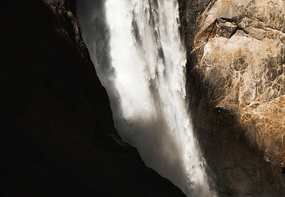 waterfalls, rock, formation, flow, nature, rocks,hill, dark HD wallpaper