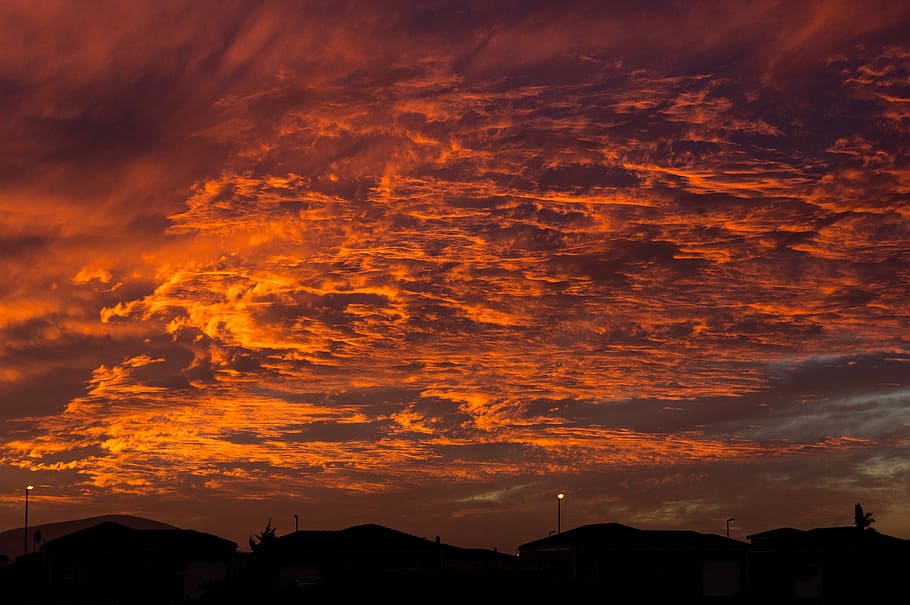 sunset, sunset skies, clouds, skyline, oranges, purples, blues HD wallpaper