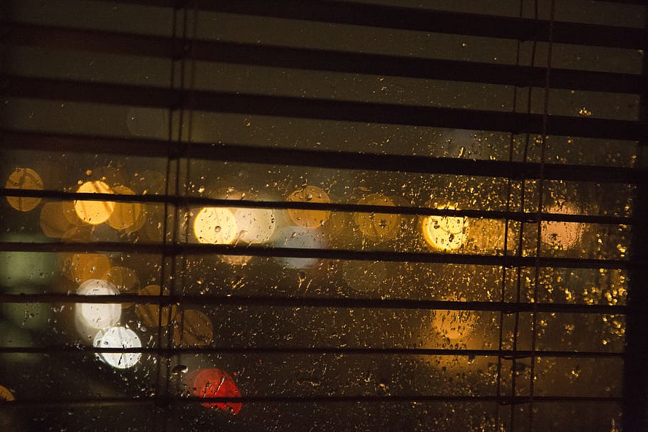 window blinds, rain, night, lights, bokeh, drops, droplets HD wallpaper
