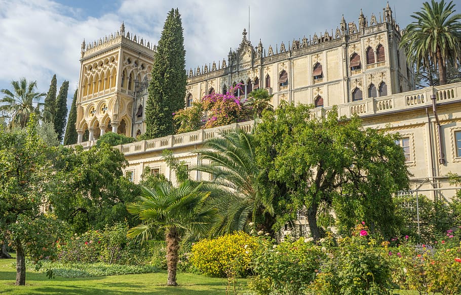 beige palace surrounded by plants, isola del garda, tower, nature, HD wallpaper