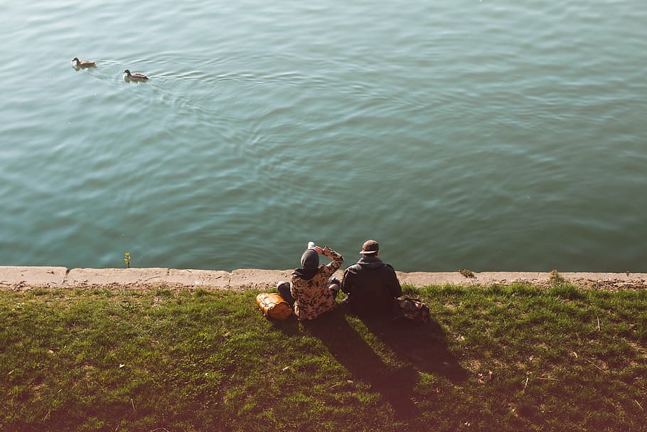 couple, dam, ducks, lake, outdoor, park, people, pool, river HD wallpaper
