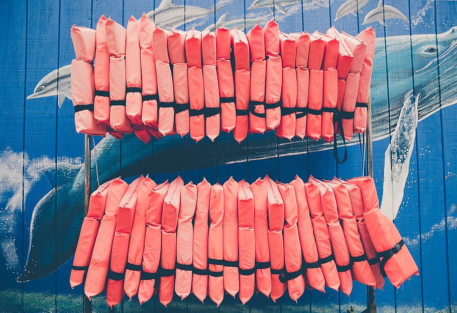 red textiles, red life vest lot hanging on rack, orange, silver HD wallpaper