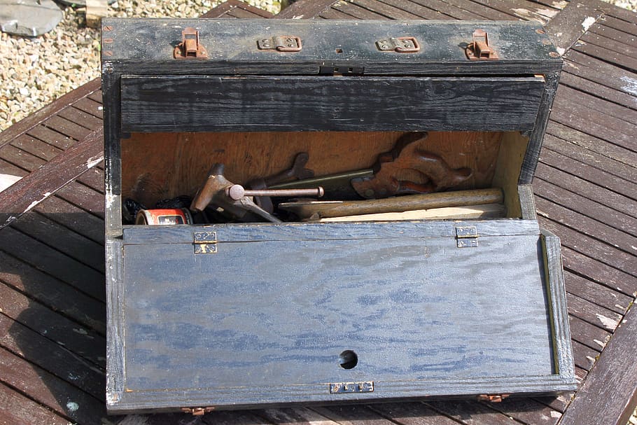 toolbox, wooden, old, black, 1940s, vintage, tools, saw, table, HD wallpaper