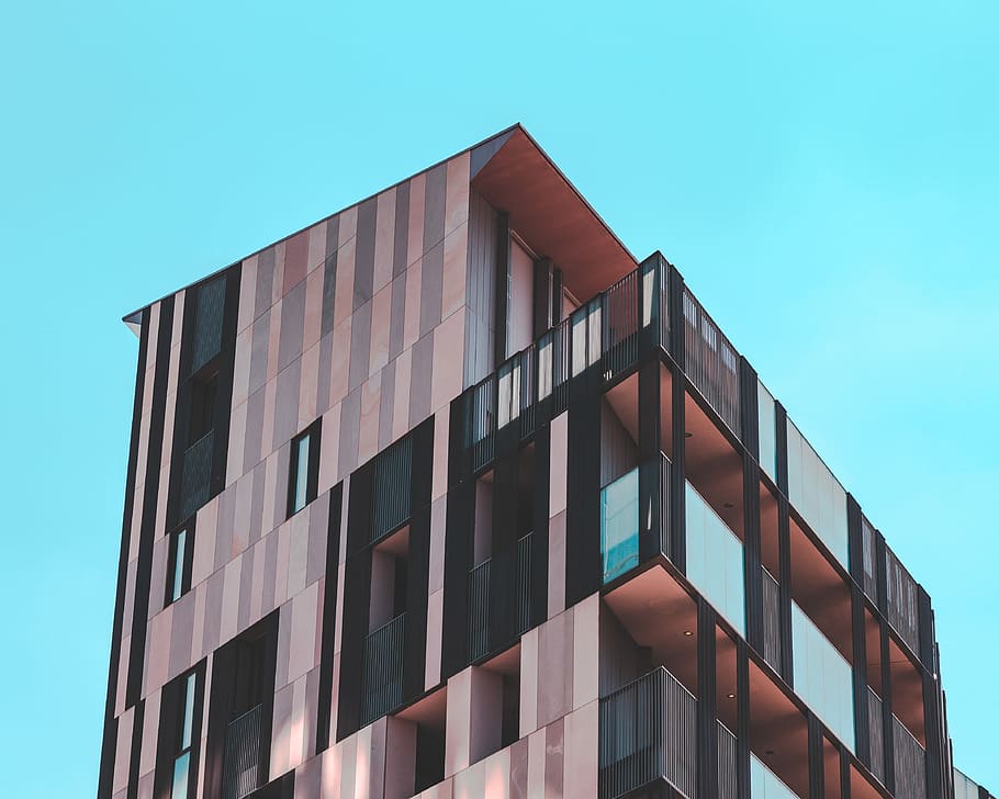 material, photo of brown building, architecture, blue, teal, sky HD wallpaper