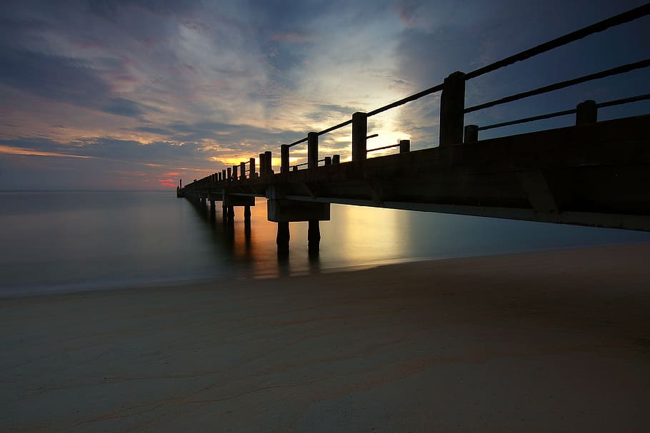 beach, bridge, dawn, dock, dusk, evening, long, ocean, pier, HD wallpaper