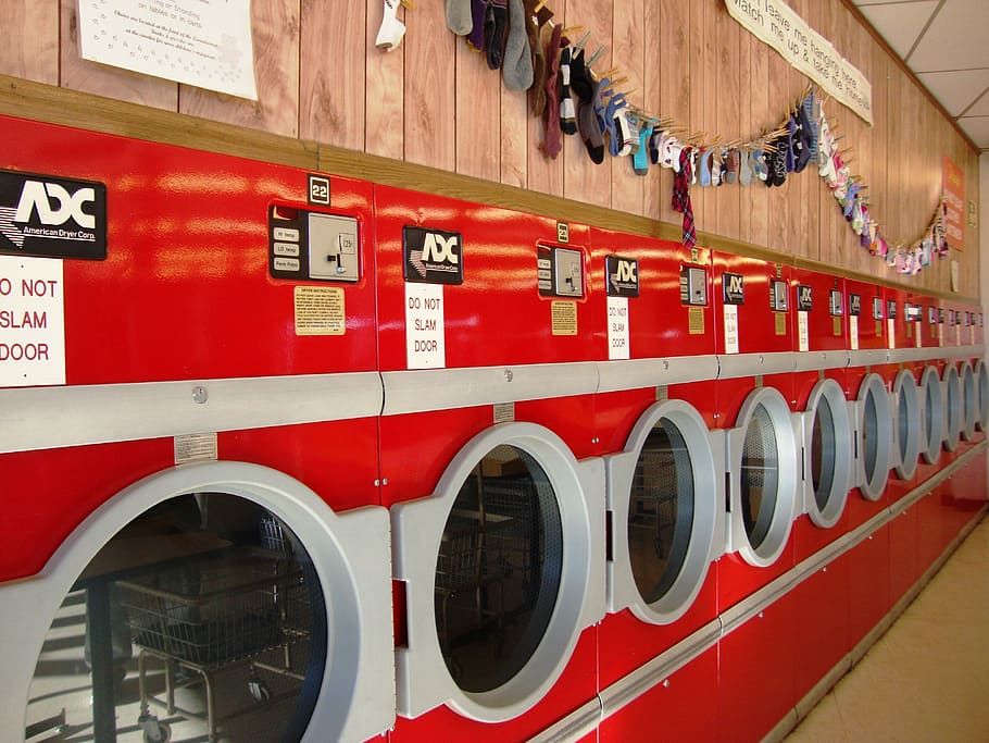 closed red clothes washer and dryers, Laundry, Network, Machine