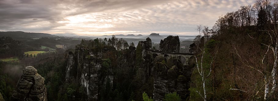 panorama, nature, panoramic image, sky, landscape, bastei, saxon switzerland HD wallpaper