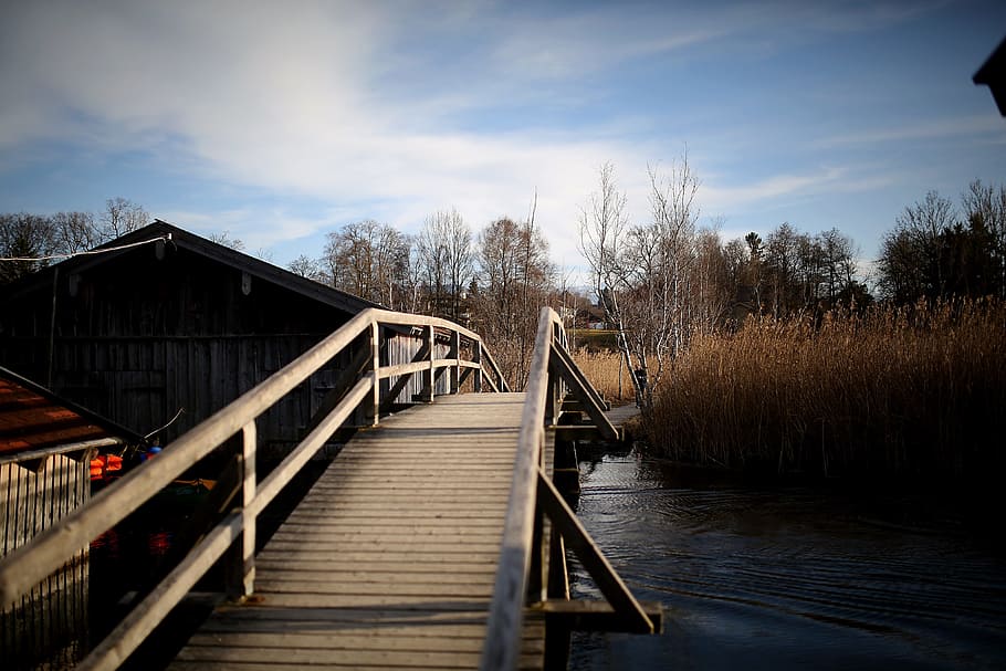 nature, sky, water, clouds, boardwalk, bridge, cabin, forest HD wallpaper