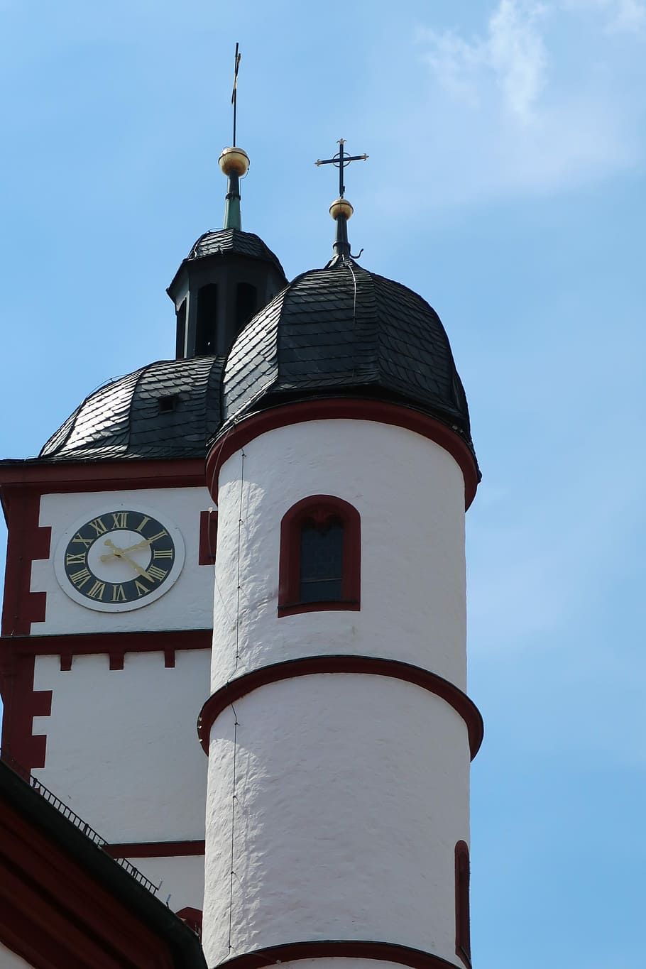 steeple, sky, clouds, church, steeple peaks, clock tower, building HD wallpaper