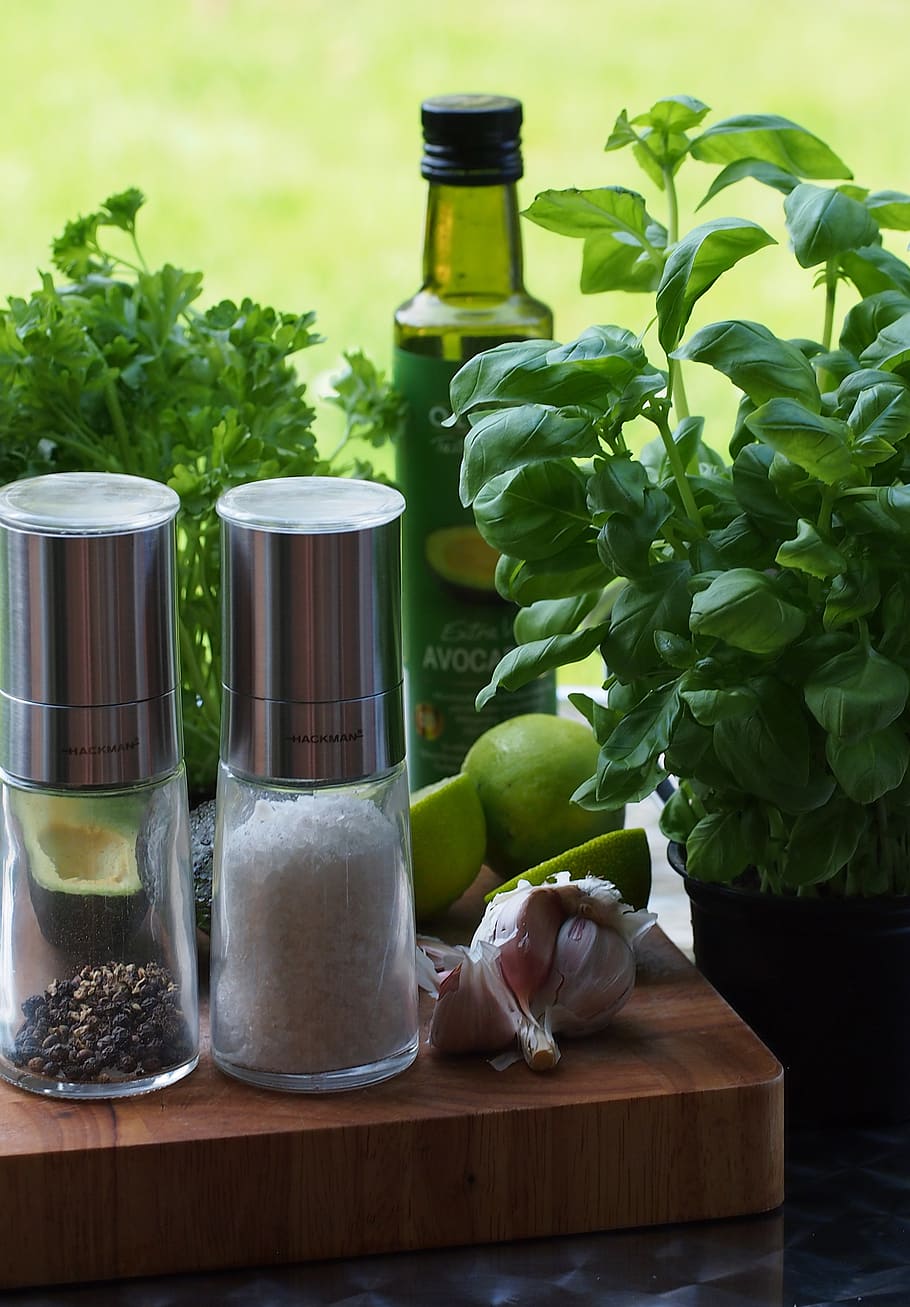 two condiments beside green leafed plant, food, spices, avocado, HD wallpaper