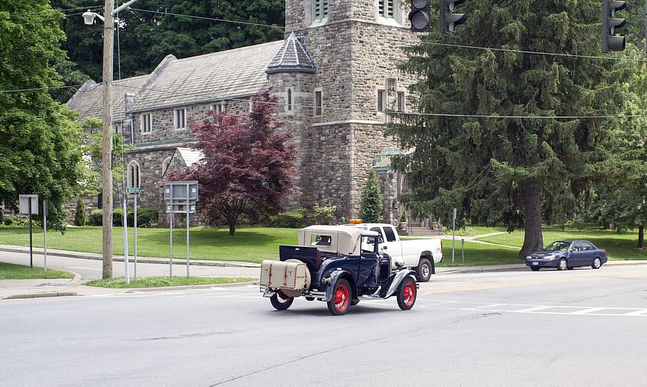 ford, a, model a, church, oldtimer, tree, transportation, mode of transportation HD wallpaper