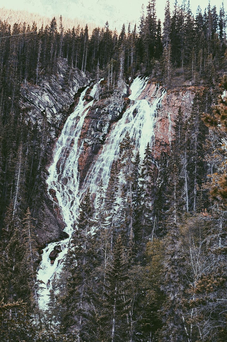 mountain, waterfall, stream, nature, landscape, trees, plants HD wallpaper