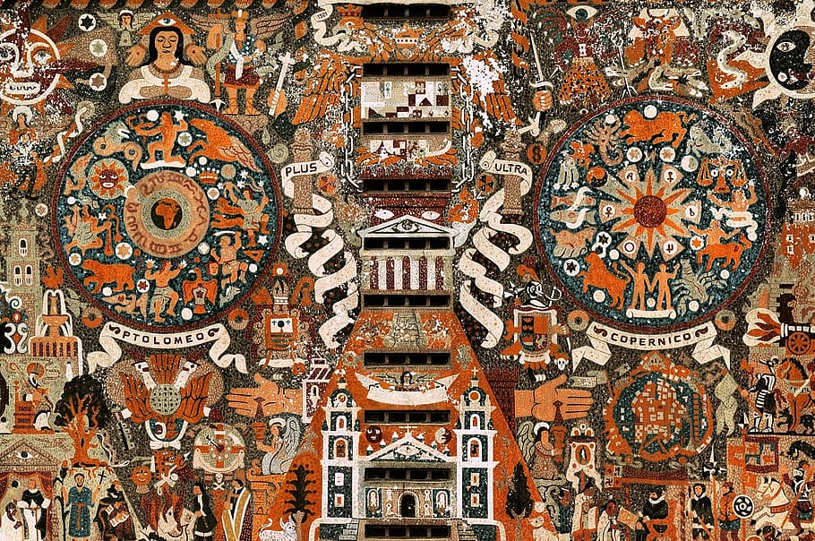 multicolored mural art, unam, library, th, university, mexico