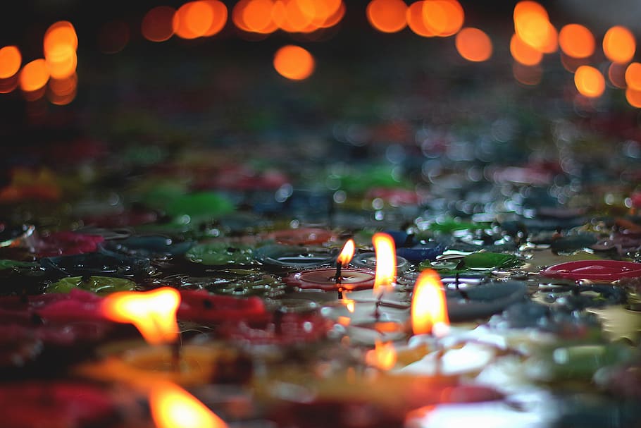 tealight candles in tilt shift photography, bright, flame, decoration, HD wallpaper